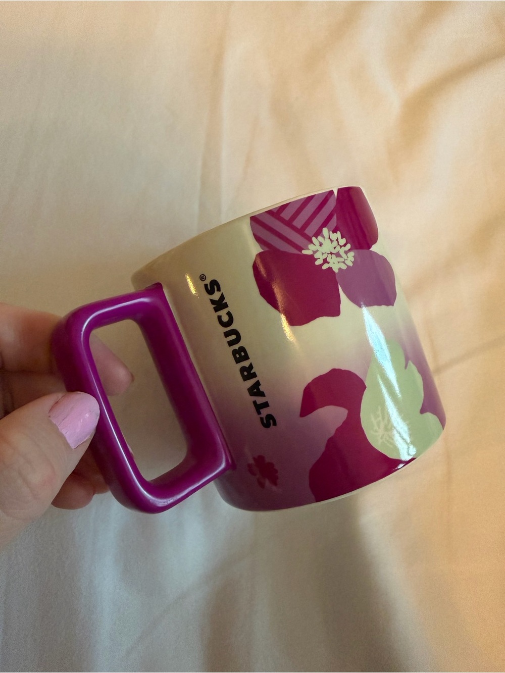 Starbucks White Mug with Magenta Floral Design and Magenta Handle